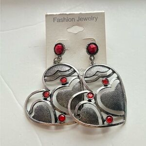 Silver and Red Heart Detailed Earrings